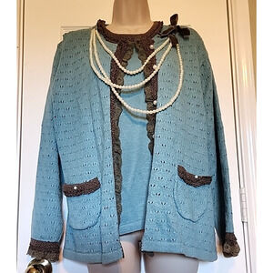 Storybook Knits M Blue Cardigan and Tank 2 Piece Sweater Faux Pearls Lace